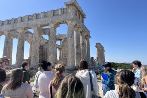 Professor Zoë Kontes points out the architectural refinements of the Temple of Aphaia on the island of Aegina.